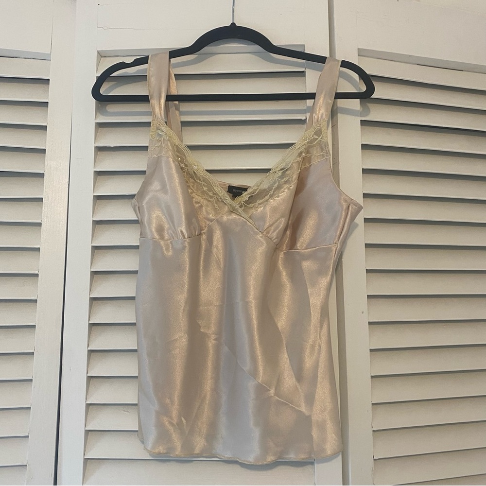 Vintage Y2K eyeshadow size Medium Champaign Lace Beaded Silky Tank Top